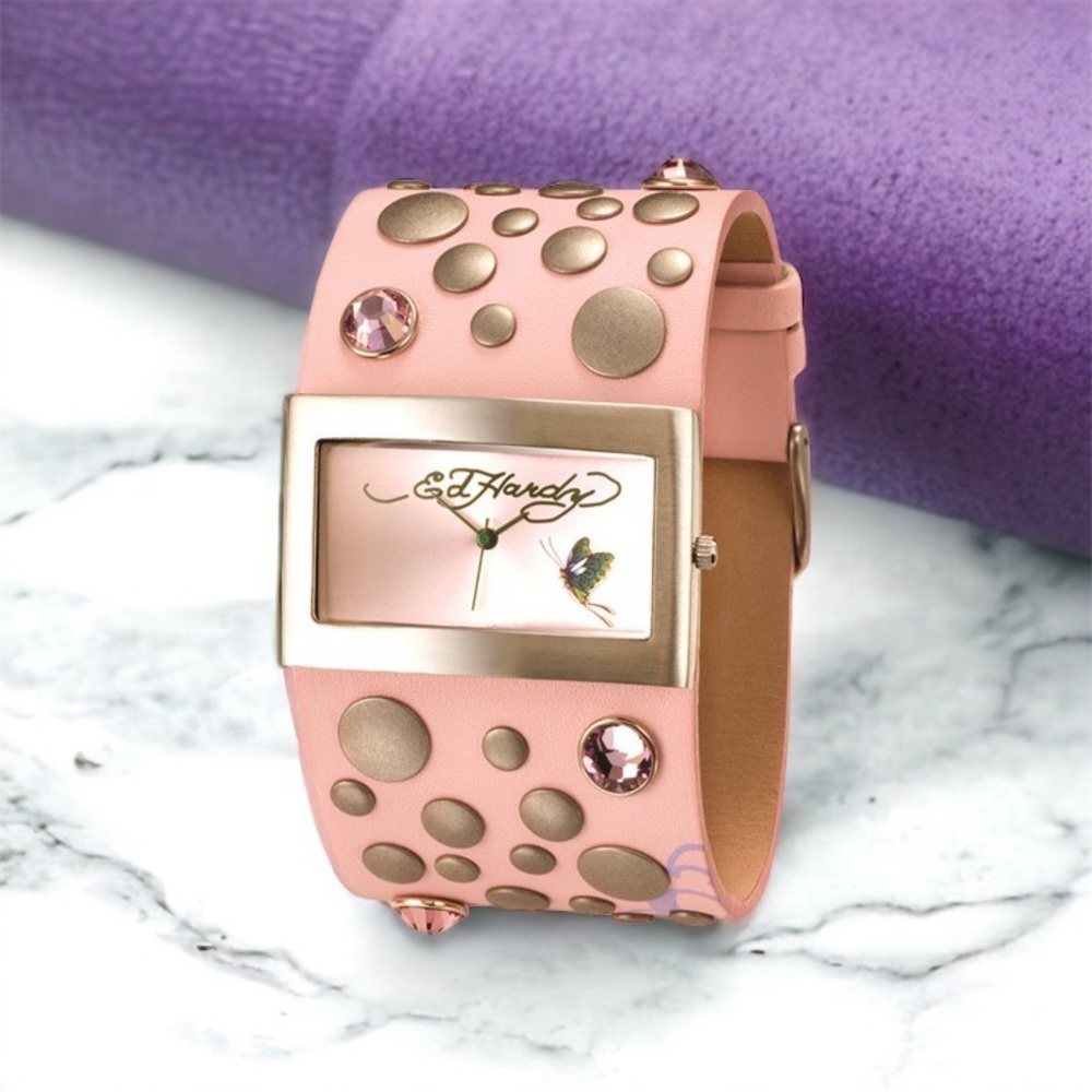 Ladies Ed Hardy Love Child Pink leather studded & pink crystals Analog Watch